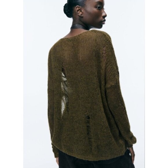 ZARA Distressed Knit Sweater Women’s Sze L Olive GreenLoose Open Weave Wool Boho - Picture 8 of 15